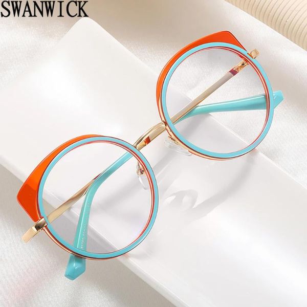 Gafas de sol Swanwick Gafas de luz anti azul para mujeres Medio metal tr90 marcos retro ópticos ópticos leopardo rosa lente transparente