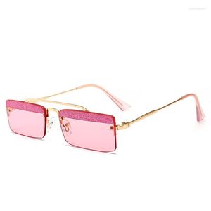 Gafas de sol de tendencia con purpurina para mujer, lentes cuadrados pequeños sin montura, a la moda, para hombre, verde claro, rosa, morado, UV400 NX