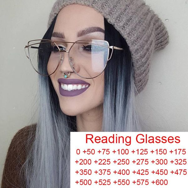 Gafas de sol de moda para presbicia, gafas de lectura para mujer, filtro de luz azul, pantalla de ordenador, puente único, ojo de gato de Metal