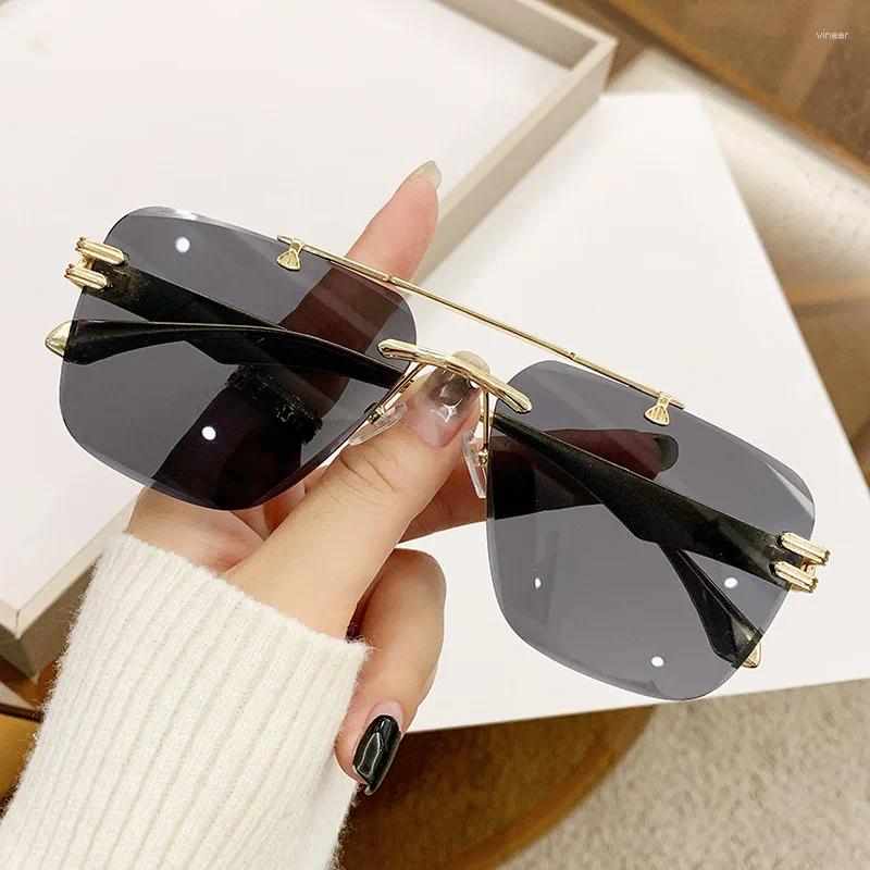 Óculos de sol na moda sem aro para homens mulheres design de marca luxo lente gradiente uv400 liga óculos de sol clássico vintage unisex