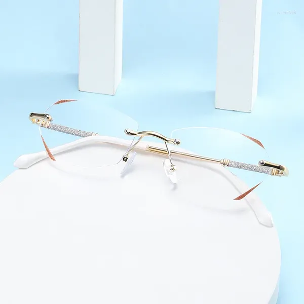 Lunettes de soleil Type femmes diamant coupe sans monture perforé Anti-bleu presbyte lunettes lentille plate fini myopie lunettes
