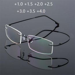 Zonnebrillen Ultralight TR90 Memory Titanium Rimless Ready Glazen Menwomen Square Presbyopische bril Power 1.0 1,5 2,0 tot 3,5 4.0su