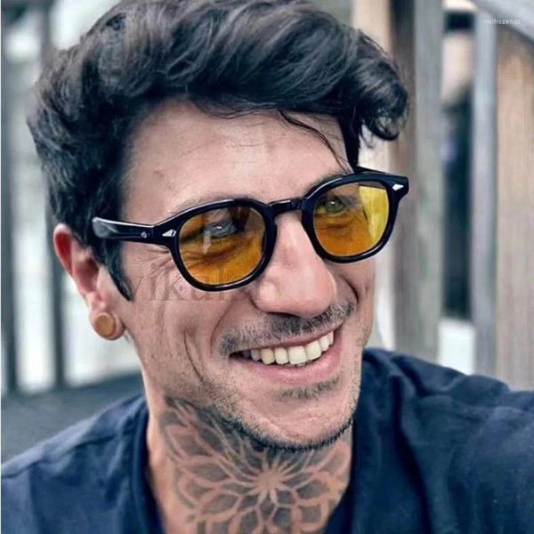 Gafas de sol unisex negro amarillo remache redondo hombres mujeres marco inspirado deporte al aire libre gafas de sol para gafas atemporales vintage