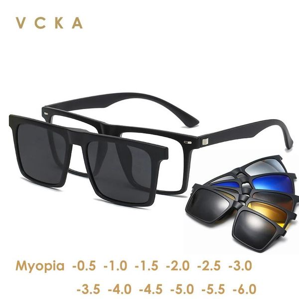 Lunettes de soleil Vcka Myopia Lunettes de soleil polarisées magnétiques Femmes Hommes Clip sur lunettes Lunettes optiques carrées 6 en 1 Montures de lunettes 0,5 à 10