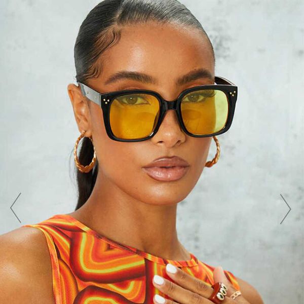 Gafas de sol Vintage Diseñador de la marca Gafas de sol teñidas amarillas Mujeres 90s Marco grande Tonos únicos Gafas cuadradas de lujo de gran tamaño Coreano P230406