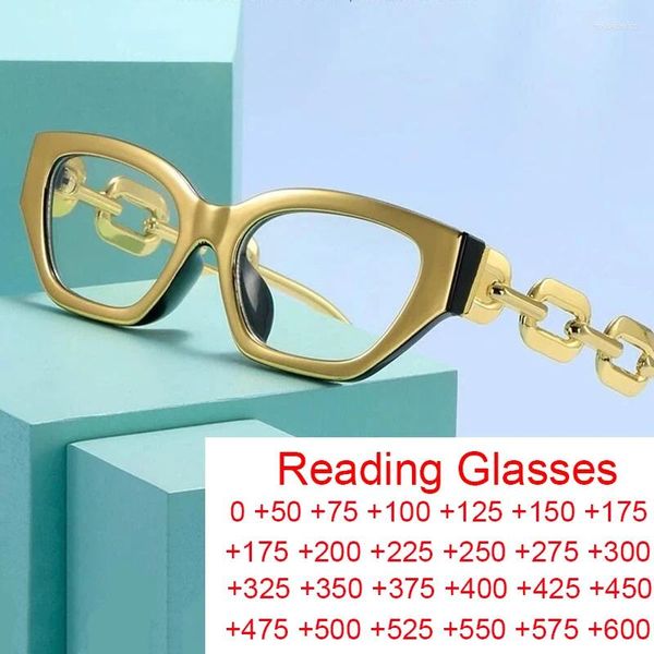 Lunettes de soleil Vintage Gold Cadre Clear Lunettes de lecture Femmes Sexy Cat Eye Anti Blue Light Designer de luxe Big Chain Lunettes optiques