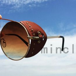 Zonnebril Vintage Punk Mannen 2022 Mode Leer Met Zijschilden Stijl Ronde Zonnebril Voor Vrouwen UV400 NXSunglasses