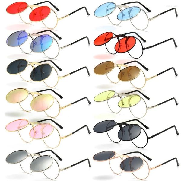 Gafas de sol Vintage Round Flip Up Circle Steampunk Gafas de sol 90's Sombras coloridas Traje Protección UV Gafas de mujer