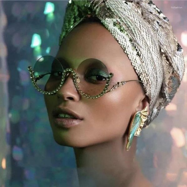 Lunettes de soleil Vintage rondes tendance diamant incrusté de métal dégradé femmes 2024 demi-monture lunettes de soleil lunettes en gros