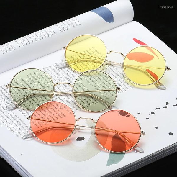 Lunettes de soleil rondes Vintage pour femmes, verres de couleur océan, miroir, Design de marque, monture métallique, lunettes circulaires, Oculos UV400