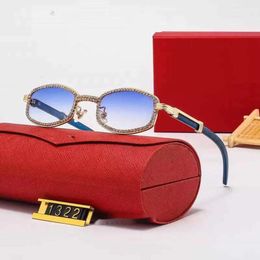Óculos de sol feminino designer óculos de sol para homens diamante micro-pavimentado corte pequeno quadro oval único ouro metal tiro de madeira