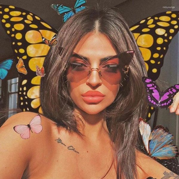 Gafas de sol Mujer Personalidad Forma de mariposa Gradiente Mujeres Sin montura Marco grande Tonos antideslumbrantes Y2k Gafas de playa al aire libre