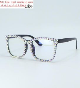 Lunettes de soleil femmes lunettes de lecture carrées Bling strass cristal noir diamant cadre lunettes Anti lumière bleue lecteur NXSunglasses1692295