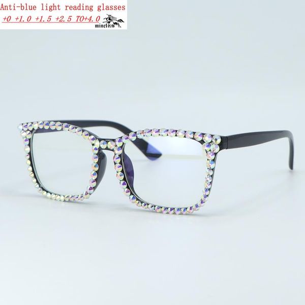 Lunettes de soleil femmes carré lunettes de lecture Bling strass cristal noir diamant cadre lunettes Anti lumière bleue lecteur NXSunglasses