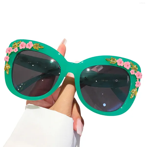 Gafas de sol para mujer de moda con marco de flores en relieve, protección UV teñida, gafas de sol para conducir, pescar, golf