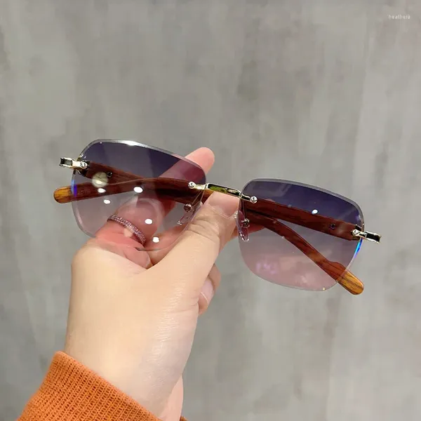 Gafas de sol Diseño de pierna de grano de madera Sin marco Sin montura para mujer Gafas cuadradas pequeñas Gafas de sol retro Protección para los ojos Gafas 2024