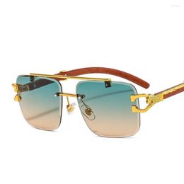 Óculos de sol Grão de madeira sem aro quadrado mulheres designer ouro leão decoração óculos de sol homens tons uv400 gafas214s