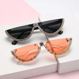 Lunettes de soleil Zircon Femmes Mode Demi-Monture Cercle Lunettes de créateur Protection UV extérieure UV400