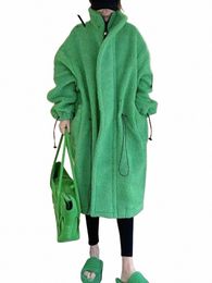 Sungtin 2023 Winter Faux Lambswool Lg Parkas Chaqueta Mujer Cordón Cremallera Verde Abrigo de gran tamaño Corea Fi Ropa femenina s4fK #