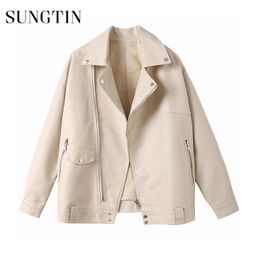 Sungtin Automne Nouveau Beige Faux Cuir Veste Femmes Casual Surdimensionné Moto Biker Manteau En Cuir Femelle Doux PU Lâche Survêtement 201030