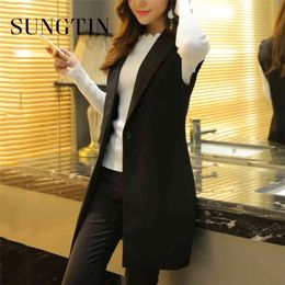 Sungtin Classic Women Long Blazer Chaleco Elegante Office Lady Coat Mujer Chaleco Casual Trajes Chaqueta sin mangas Tallas grandes 210819