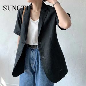 Sungtin coréen lin coton chemisier blazer veste femme élégante lâche femme décontractée blazer en lin 2021 poches vintage streetwear x0721