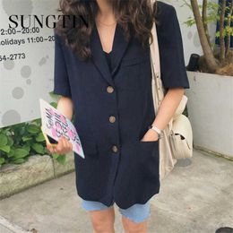 Sungtin lin coton Blouse Blazer veste femmes élégant coréen lâche femme décontracté lin mince Blazer à manches courtes Streetwear nouveau X0721