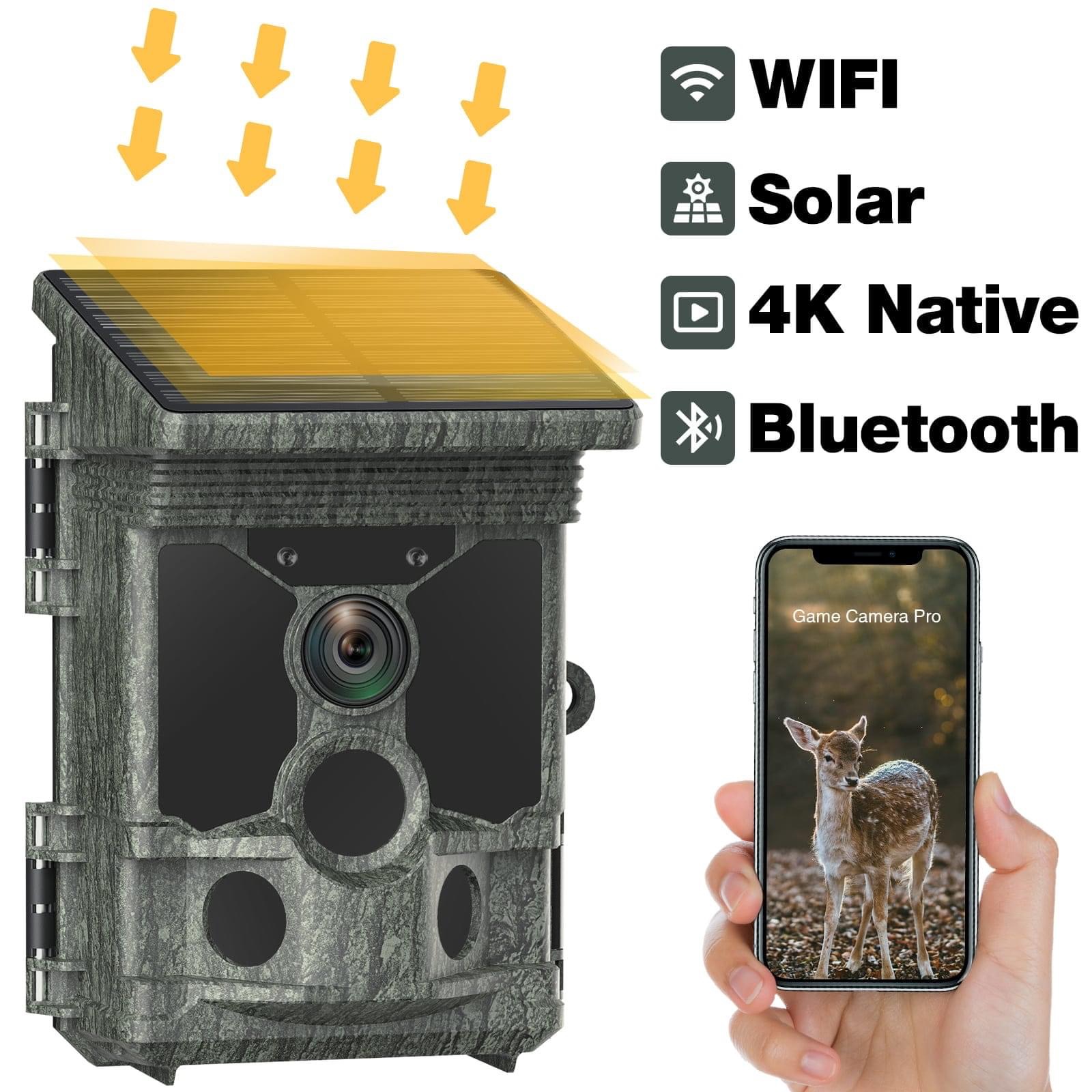 SunGusOutdoors 4K 46MP Solar Powered Wildlife Game Trail Camera Traps with WiFi App, Waterproof IP66 for Hunting, Home Security