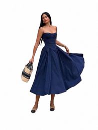 Suninheart elegante correa de espagueti Midi Dr Slim A Line vestido de fiesta azul marino Casual cumpleaños vacaciones Dr mujeres ¡Pre venta!V06Z#