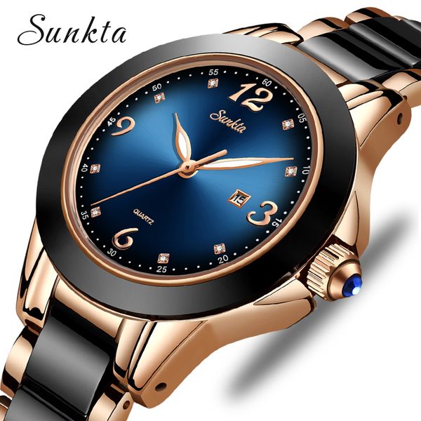 SUNKTA Moda Mujer Relojes Señoras Top Marca de Lujo Cerámica Rhinestone Deporte Reloj de Cuarzo Mujeres Azul Pulsera Impermeable Reloj CX200720