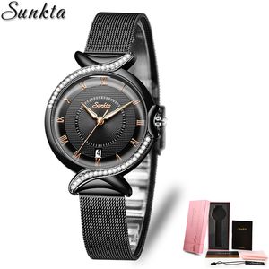 Sunkwa Luxe Dames Mode Waterdicht Zwart Dames Quartz Horloge Meisje Klok Relogio Feminin 210517