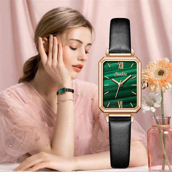 Relojes Retro SUNKTA para mujer, reloj de cuarzo verde exquisito a la moda, reloj de pulsera de cuero Vintage ultrafino, reloj femenino pequeño Simple 210517