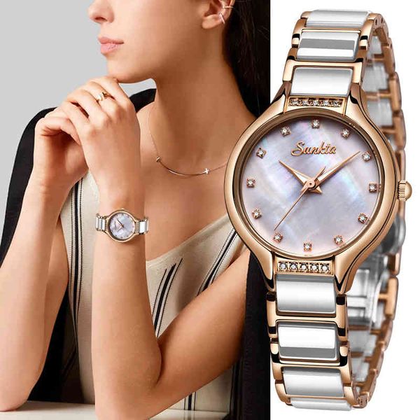 Reloj de pulsera de cerámica de oro rosa SUNKTA, relojes de cuarzo a la moda para mujer, reloj de pulsera de lujo con diamantes para mujer, reloj de pulsera para mujer 210517