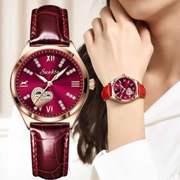 SunKta Rose Gold Wine Red Luxury Quartz Dameshorloge Waterdicht Lederen Horloges Dames Horloges Klok Relogio Feminino + Box 210720