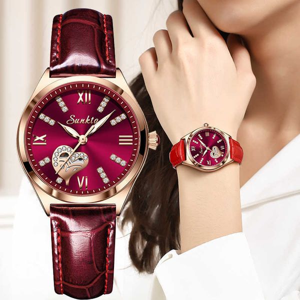 SUNKTA Rose Gold Vin Rouge Luxe Quartz Femmes Montre En Cuir Étanche Montres Dames Montres Horloge Relogio Feminino + Boîte 210720