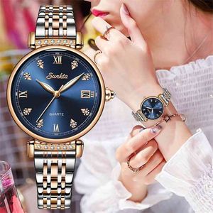 Sunkta Dames Horloge Rvs Dame Dame Horloge Mode Waterdichte Dames Horloges Simple Blue Girl Clock Relogio Feminino 210517