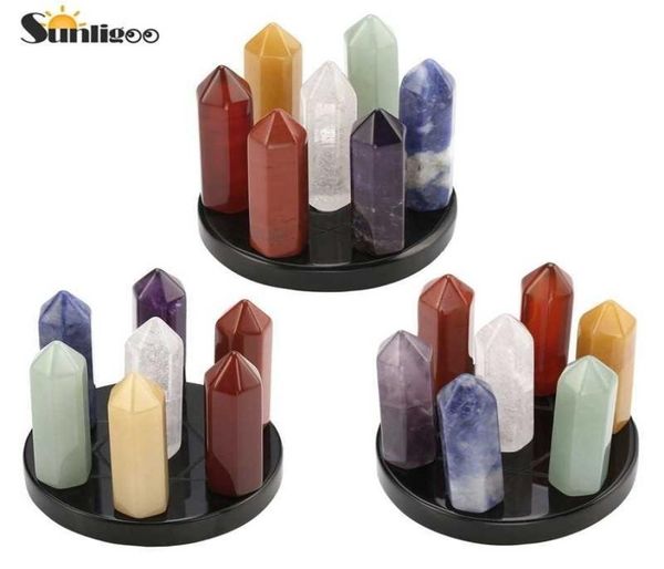 Sunligoo 7 Chakra Star Group Reiki guérison Crystal Quartz Stone Stone Hexagonal Point Array Statue Figurine Obsidian Stand Set T21362334