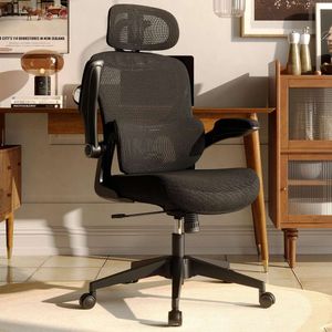 SUNNOW Ergonomische mesh-bureaustoel, bureaustoel met hoge rugleuning en verstelbare lendensteun, opklapbare arm, hoofdsteun, draaibaar wiel, groot en lang comfortabel
