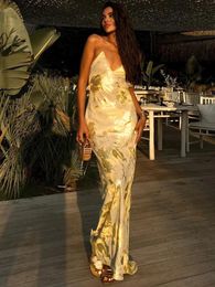 Zonnige elegante gouden folie gefragmenteerde bodycon maxi jurk voor vrouwen luxe avond feestjurk sexy backless goud gestempelde jurken 231222