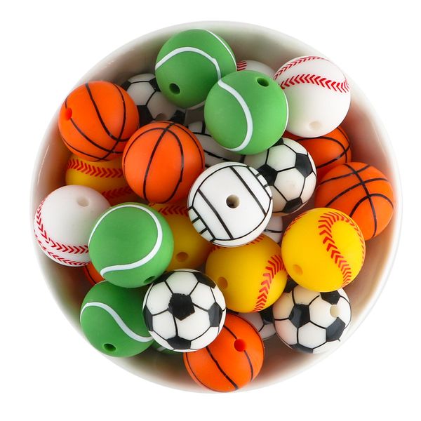 Sunrony 10pcs Football Basketball Tennis Sport Perles en silicone Bricolage Collier de bracelet à chaîne de sucette accessoires faits à la main