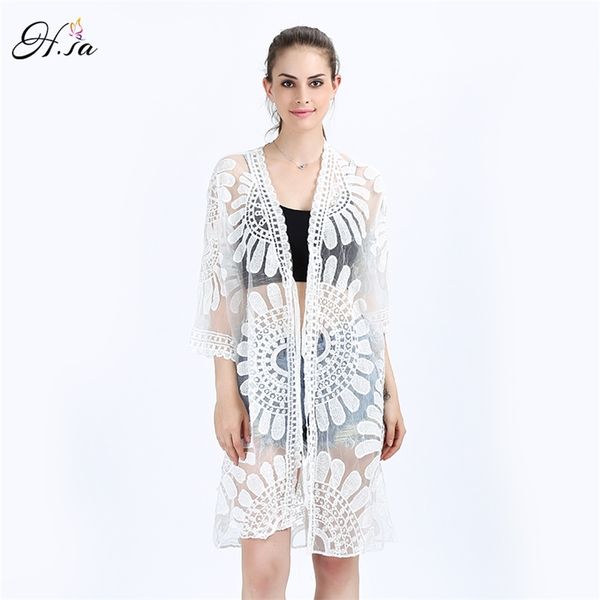 Blusa de protección solar kimono camisa larga encaje blanco mujeres tops protección solar ropa verano poncho cardigans 210430