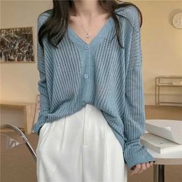 Vêtements de protection solaire Ice Silk See Through T-shirt à manches longues Thin Knitting Mesh Casual Korean Fashion Blouse Summer Women Sunscreen Clothing 2022 P230418