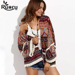 Vêtements de protection solaire Ruoru Bohemian Beach Wear Kimono Cardigan Tunique Femme Tops et chemisiers Chemise top boho frange cape de plage Beach Sunscreen Clothing P230418