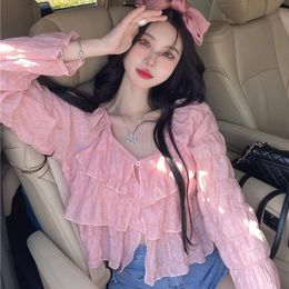 Zonnebrandcrème vrouwen 2024 Zomer nieuw aangekomen losse gegolfde vaste kleur dunne lange mouwen Chiffon Cardigan Koreaanse stijl zoete mode veelzijdige blouse vrouw