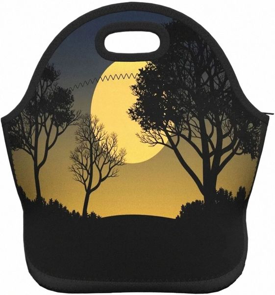 Sunset Full Mo avec des arbres de la Forêt-Noire Boîtes de sac à lunch en néoprène, sac fourre-tout thermique durable Organisateur Sacs Bento refroidisseurs T8FQ #