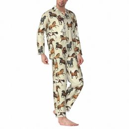 coucher de soleil cheval vêtements de nuit automne cool imprimé animal lâche surdimensionné pyjama ensembles homme manches lg mignon doux chambre design vêtements de nuit K0ex #