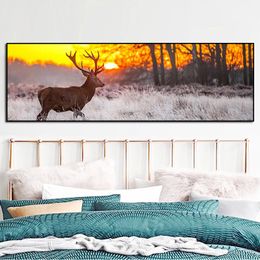 Sunset Landscape Wall Art Posters and Prints Deer in the Forest Canvas Paintings on the Wall Decorative Pictures for Living Room