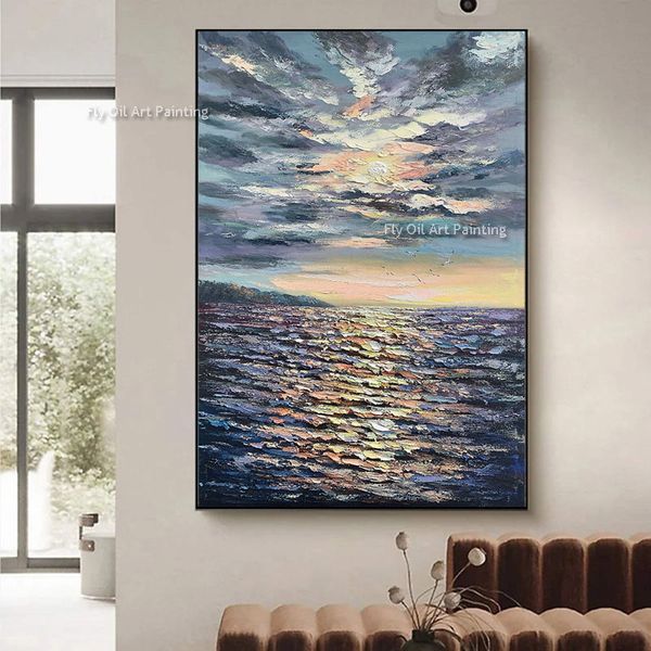 Sunset Sea ondas marinas Arte sin marco a mano pintada a mano pintada a mano pintada al óleo Arte decoración de la pared de la pared de la pared de la sala de estar extra grande para sala