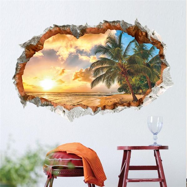 Coucher de soleil Seabeach noix de coco Art mural autocollants pour bureau boutique salon chambre décoration de la maison 3d trou cassé paysage Mural décalcomanie