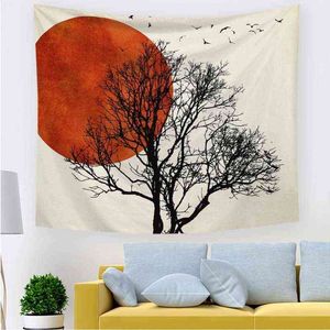 Coucher de soleil lever du soleil paysage tapis tenture murale Art mur tapis arbre oiseaux Hippie Boho décoration murale chambre dortoir fond Yoga plage J220804